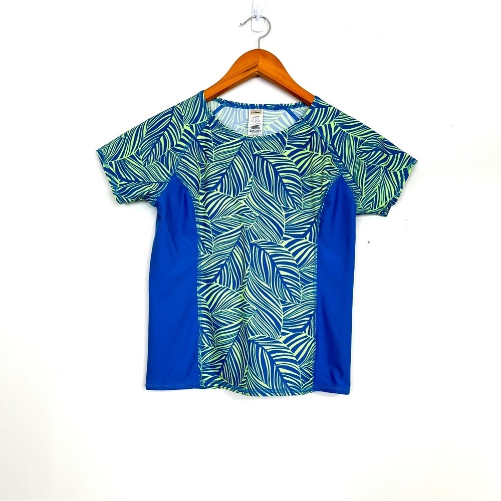 L.L.Bean Girls 14 Swim Top UPF 50+ Short Sleeves Crew Neck Tropical Leaf‎ Print